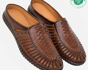 Handcrafted Leather Mules: Mens Backless Slip-On Shoes