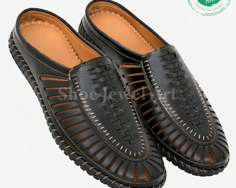 Mens Leather Mules: Black Backless Indian Huaraches Slides