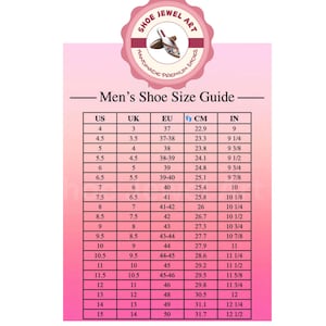 May include: A pink chart titled "Men's Shoe Size Guide" with size conversions for US, UK, EU, CM, and IN. The chart includes shoe sizes from US size 4 to 15, with corresponding measurements in centimeters and inches.