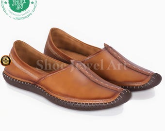 Handcrafted Tan Leather Mens Loafers: Indian Style Slip-On Shoes