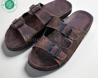 Handcrafted Brown Leather Men’s Slide Sandals with Buckle Straps Mens Cognac Brown Real Leather Handmade Sandals Mexican  main image 4