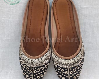 Embroidered Velvet Mule Slippers: Indian Bridal Flats with Ghungroo