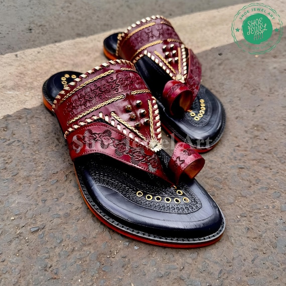 Handmade Maroon Black Kolhapuri Leather Sandals for Men, Traditional Maharaja Flat Slip-On, Premium Ethnic Footwear for men, Indian Sandals,