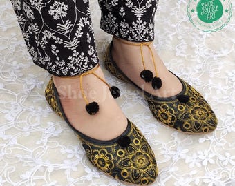 Golden Embroidered Juttis: Handmade Ethnic Bridal Shoes