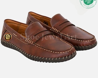 Mens Handmade Leather Loafers: Brown Penny Slip-Ons