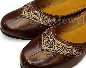Handmade Gold Thread Khussa Juttis: Wine Indian Bridal Shoes
