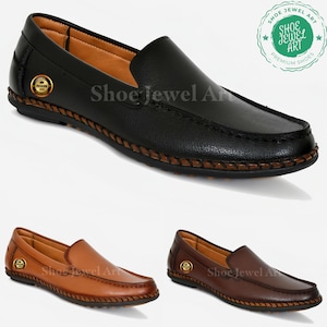 May include: Black leather slip-on loafers with brown stitching and a gold emblem. The shoes have a classic design and are suitable for various occasions. The image also shows brown and dark brown loafers.