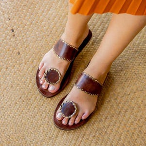 Handcrafted Women Leather Sandals with Golden Thread Detailing, Ethnic Kolhapuri Style Flats, Open Toe Slip-On, Rich Brown Sandals for women