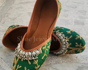 Embroidered Green Khussa Shoes: Indian Wedding Jutti Mojari