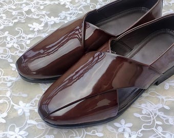 Brown Patent Leather Mojari Shoes: Handmade Punjabi Style  display picture 3