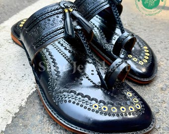 Handmade Black Leather Kolhapuri Sandals: Maharaja Style Ethnic Shoes
