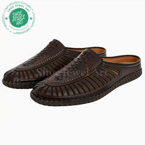 May include: A pair of brown leather slip-on shoes with intricate woven and cut-out designs. The shoes have a rounded toe and a stitched sole. The image includes a logo that says "Shoe Jewel Art, Premium Shoes."