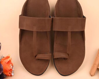 Mens Handmade Brown Velvet Kolhapuri Sandals: Ethnic Indian Slippers