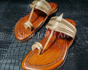 Handmade Kolhapuri Leather Sandals for Men, Traditional Indian Flat Slip-On Shoes, Premium Ethnic Sustainable Handcrafted Footwear for Mens,