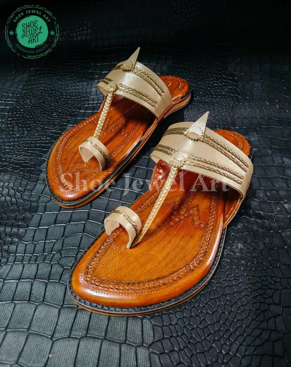 Handmade Kolhapuri Leather Sandals for Men, Traditional Indian Flat Slip-On Shoes, Premium Ethnic Sustainable Handcrafted Footwear for Mens,