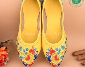 Yellow Floral Embroidered Juttis: Punjabi Mojari Ballerinas
