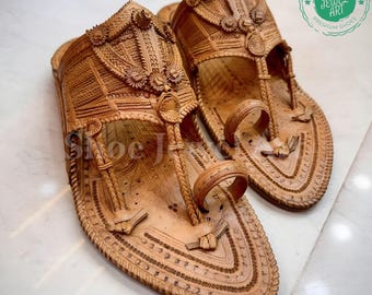 Handmade Natural Tan Kolhapuri Leather Sandals for Men, King of Kolhapuris Sandal, Traditional Maharaja Slip-On Shoes, High Quality Footwear