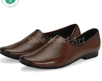 Mens Tan Glossy Mojari Shoes: Indian Wedding Loafers