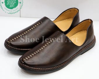 Chaussures à enfiler en cuir marron : mocassins faits main de coupe turque