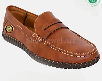 Mens Handmade Leather Tan Loafers: Stylish Casual Dress Shoes