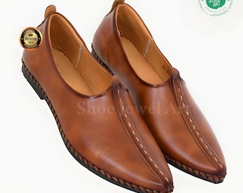Handmade Tan Leather Mojari Shoes: Punjabi Style Indian Loafers