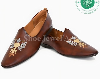 Mens Embroidered Leather Slip-On Loafers: Handmade Occasion Shoes