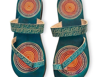 Turquoise Blue Leather Premium Sandals for women, Handmade Summer Sandals, Boho Hippie Sandal, Beach wedding Sandal, Women Honeymoon Sandals