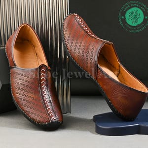 Men's Tan Ethnic Juttis and Mojaris, Handmade Slip-On Loafers, Vegan Leather Traditional Shoes, Laser Printed with Textured Groom Shoes,