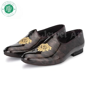 Brown Ethnic High Glossy Patent Wedding Shoes For Men, Luxury Slip On Mojaris with Embroidery, Dresses Shoes, Groom Shoes, Moccasin Shoes,