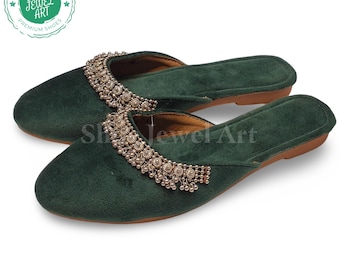 Green Velvet Mule Slippers: Handcrafted Indian Bridal Clogs