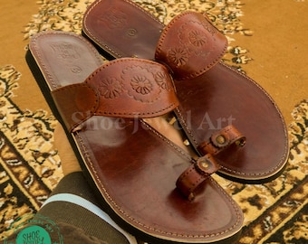Handmade Brown Leather Sandals: Women's Summer Slides with Silver Toe Ring