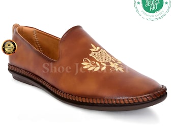 Golden Embroidered Mojari Mens Shoes: Dark Tan Punjabi Loafers