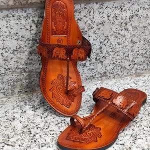 Dark Tan Kolhapuri Slip On Sandals for Women, Handmade Elephant design Leather Flats, Bridesmaid slippers, Ethnic Flats, Weddings Slippers,
