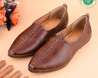 Handgefertigte braune Leder Mojari Schuhe: Punjabi Jutti, Ethnische Bräutigam Schuhe