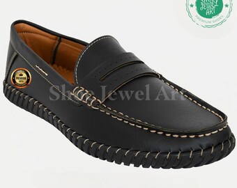 Handmade Black Leather Loafers: Mens Classic Slip-On Dress Shoes