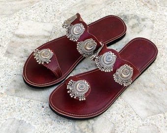 Red Leather Sandals, Engraved leather Flip-flops, jewellery Sandals, Genuine Leather Sandals for Women, Ladies Womens Shoes, Summer Sandals,