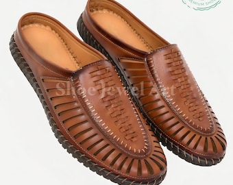 Mens Tan Leather Mules: Handcrafted Backless Slip-On Shoes