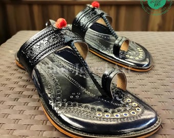 Handmade Kolhapuri Black Leather Sandals for Men, Premium Ethnic Slip-On Footwear, Traditional Indian Flat Shoes, Perfect Gift for Him