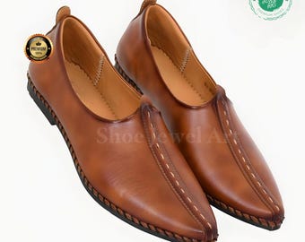 Handmade Tan Leather Mojari Shoes: Punjabi Style Indian Loafers