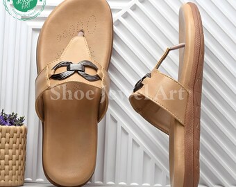 Handmade Womens Beige Kolhapuri Sandals – Vegan Leather Orthopedic Summer Flats, Open Toe Flip-Flops, Women Ethnic Sandal, Daily Wear Sandal