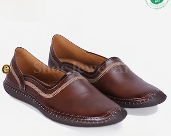 Mens Brown Leather Mojari Shoes: Indian Wedding Groom Loafers