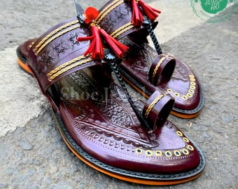 Handmade Kolhapuri Leather Sandals for Men, Traditional Indian Flat Slip-On Shoes, Premium Ethnic Footwear for Festive Wear, Gifts for Him,