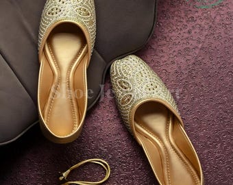 Embellished Golden Juttis for Women, Handmade Indian Mojari Flats with Rhinestones, Bridal Wedding Shoes, Ethnic Festive & Party Footwear,