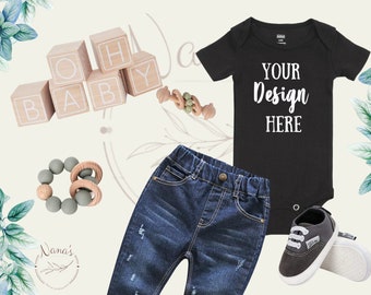 Schwarzer Onesie Bodysuit Mockup Stock Photo Flat Lay Photo