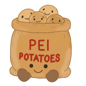 Könnte beinhalten: Ein beigefarbener Jutesack mit einem lächelnden Gesicht, der vier runde Kartoffeln mit einfachen Gesichtszügen enthält. Der Text PEI POTATOES ist in Rot auf der Vorderseite des Sacks aufgedruckt. Der Sack hat zwei kleine braune Füße unten.
