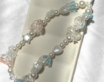 Cute Phone Charms / Beaded Phone Accessory / White Pearls / Phone Keychain / Phone Wristlet / Phone Wrist Strap