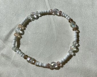 Pink, Brown, and White Beaded Bracelet / Diamond / Cute Bracelet / Pink / Clear / White