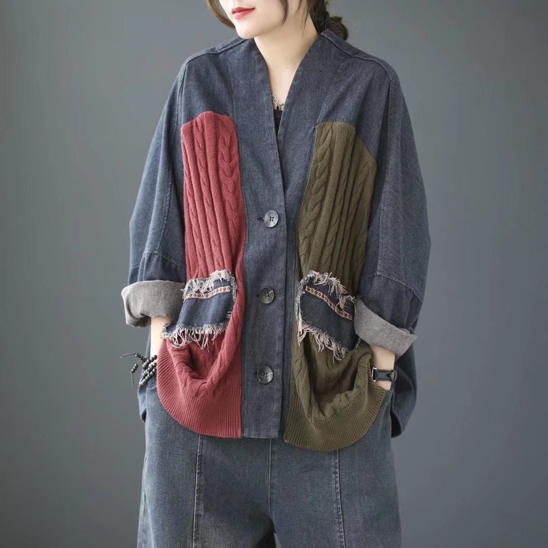 Patchwork Cotton Denim Jacket Women's Vintage Casual - Etsy