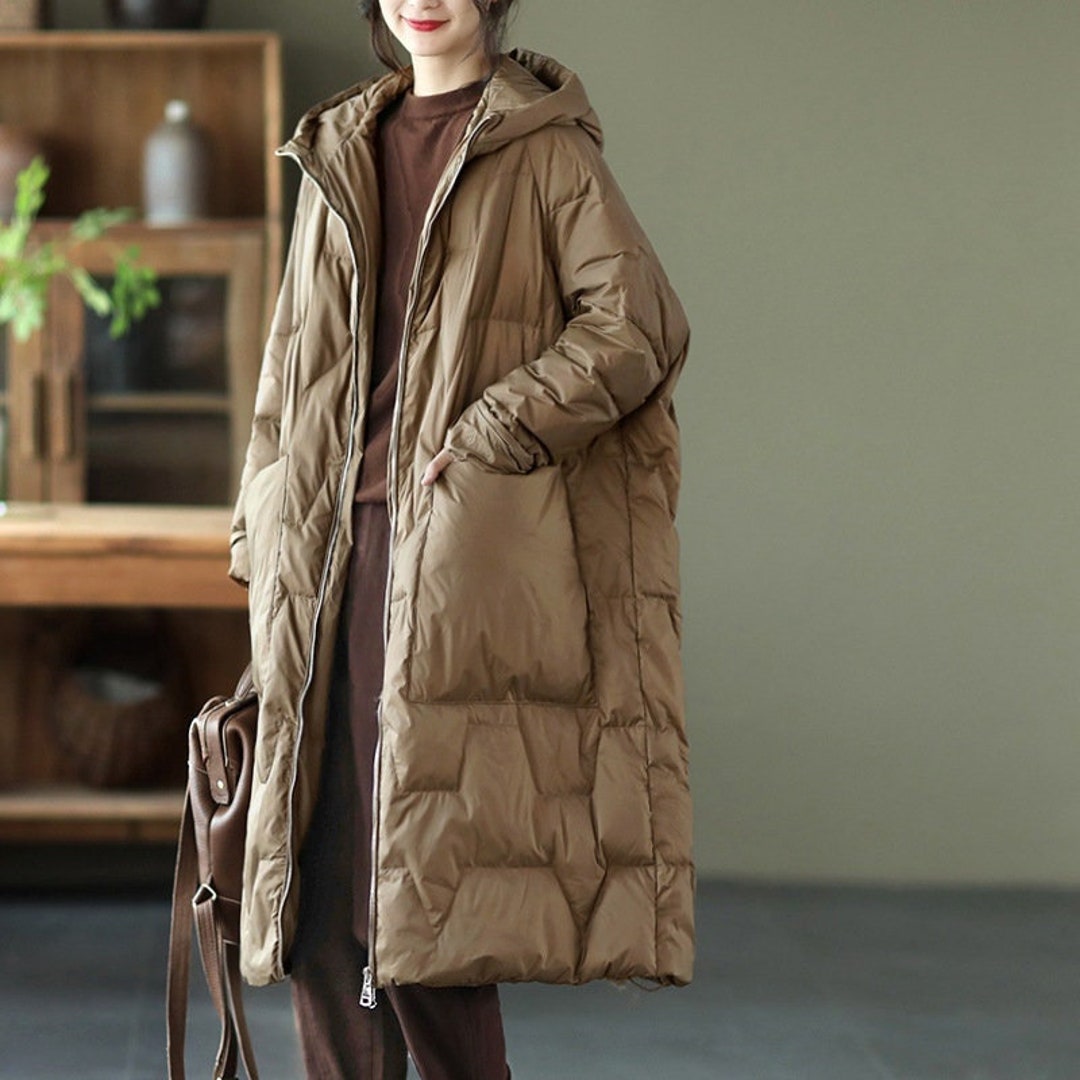 Vintage Women's Winter Duck Down Hooded Coat, Casual Warm Long Jacket ...