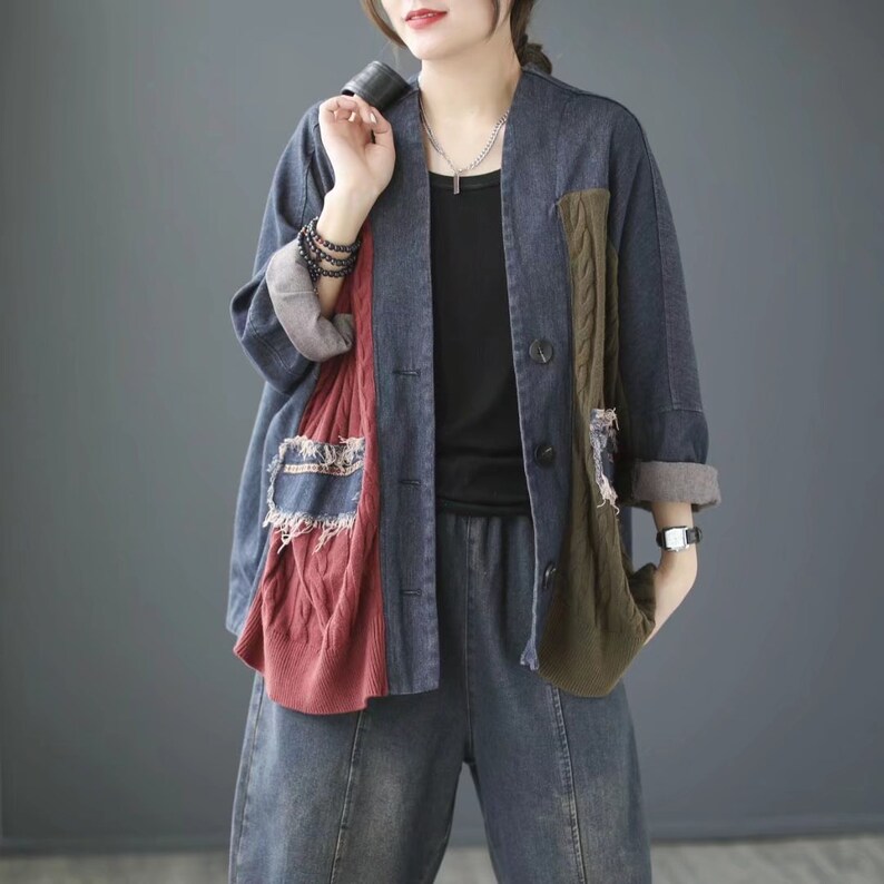 Patchwork Cotton Denim Jacket Women's Vintage Casual - Etsy